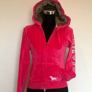 💕VS PINK studded velour jacket., with Fur hood.